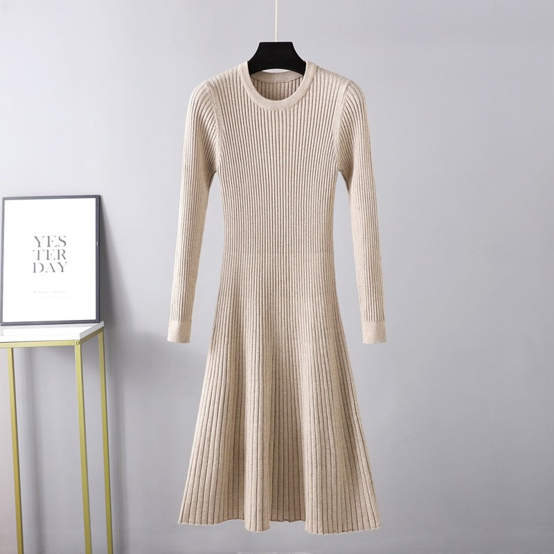 Fall Winter Slim Dress Women Mid Length Dress Round Neck Maxi Dress Solid Color Inner Wear Base Sweater Dress A line Dress