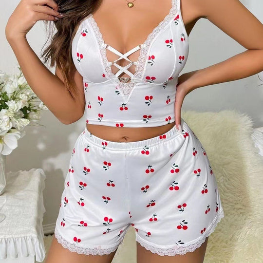 Strap Pajamas Shorts Suit Hollow Out Cutout Out V Neck Lace Stitching Sexy Home Wear Suit