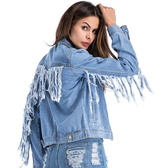 Back Sleeve Tassel Denim Jacket Women