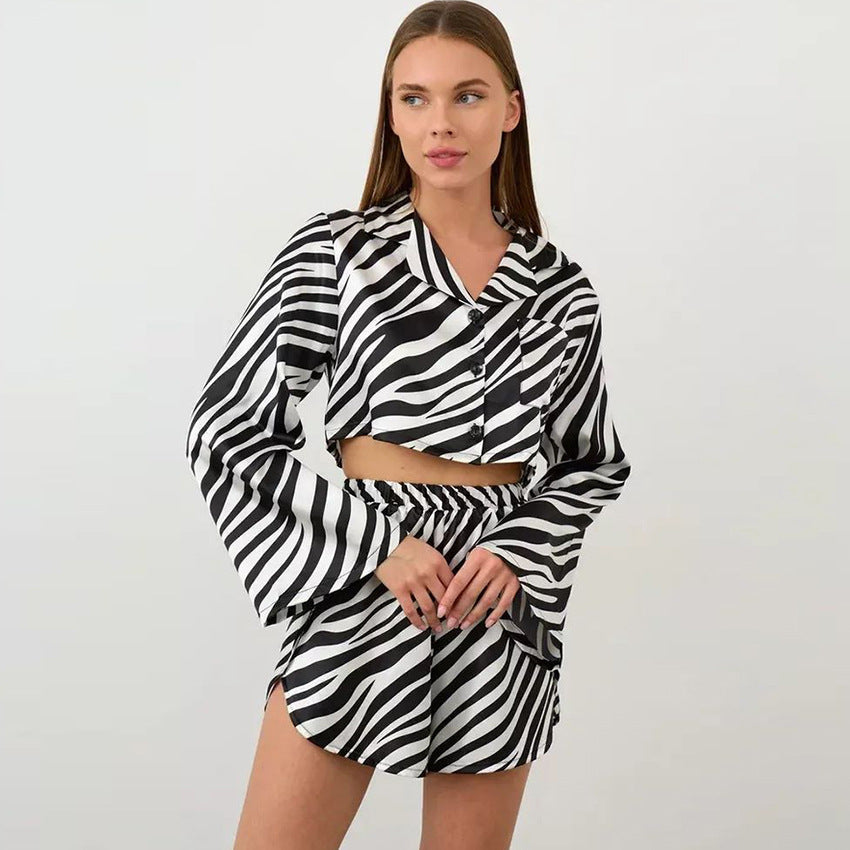 Summer Imitation Silk Thin Zebra Striped Printed Long Sleeves Shorts Two Piece Set Ladies Homewear