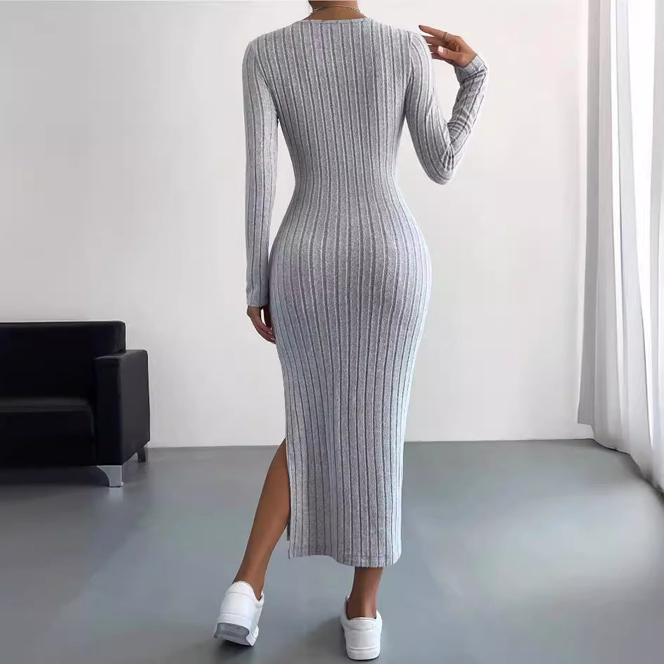 Autumn Winter Long Sleeve Crew Neck Split Knitted Maxi Dress Women