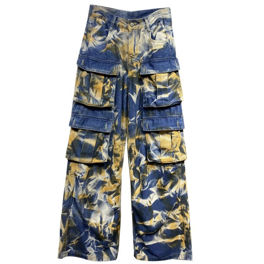 Retro Denim Overalls Street Multi Pocket Camouflage Trousers Straight Mop Wide Leg Jeans Women