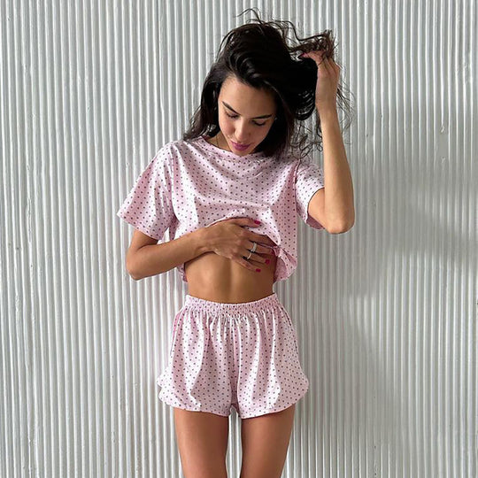 Summer Knitted Pink Heart Printing Short Sleeved Shorts Pajamas Suit Casual Comfortable Women Homewear