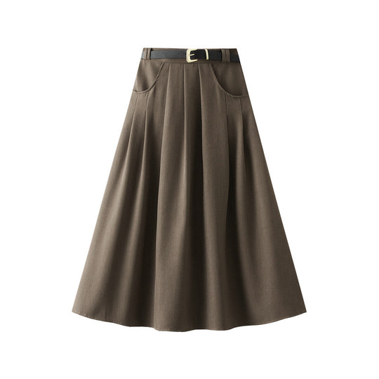 Autumn Winter Half Length Skirt Preppy Half  Length Pleated Skirt with Belt