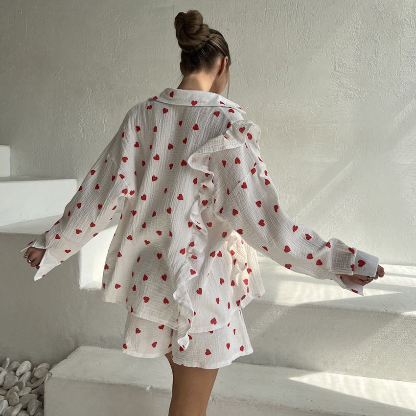 Autumn Cardigan Comfortable Cotton Pajamas Two Piece Set Heart Printing White Ladies Homewear