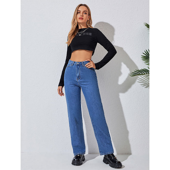 Washed Denim Women Casual Jeans Loose High Waist Denim Trousers Trousers
