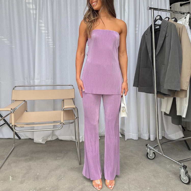 Women Clothing Spring Sexy Backless Tube Top Top High Waist Pleated Wide Leg Pants Suit