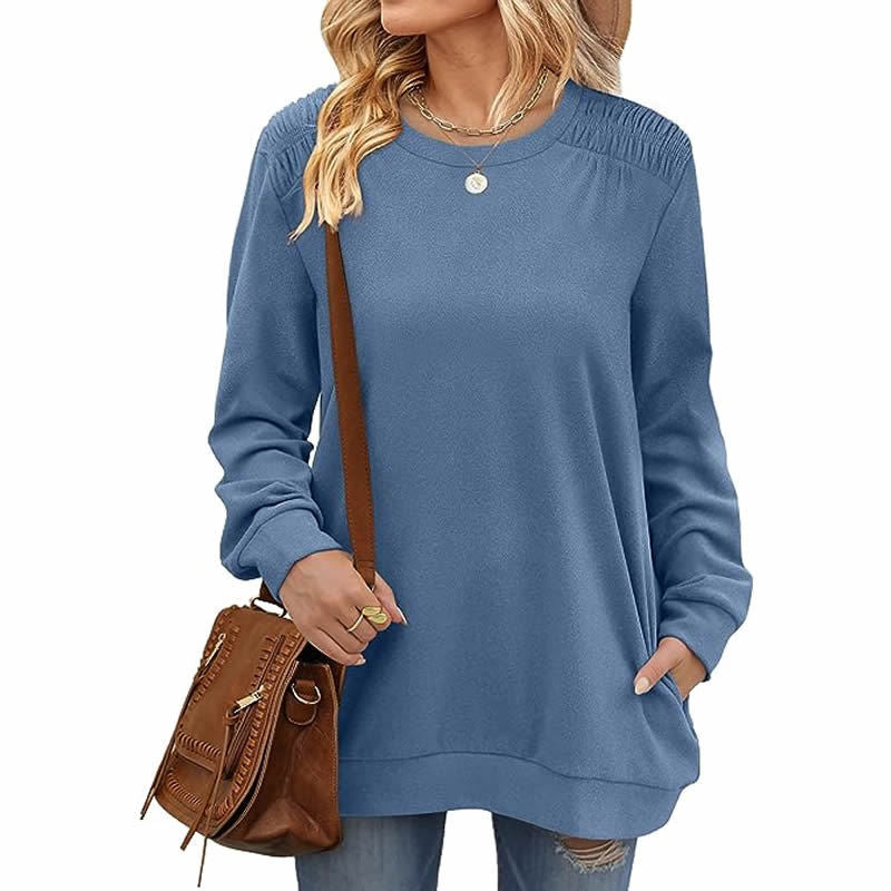 Autumn Winter Solid Color round Neck Loose Casual Long Sleeve T shirt Top for Women