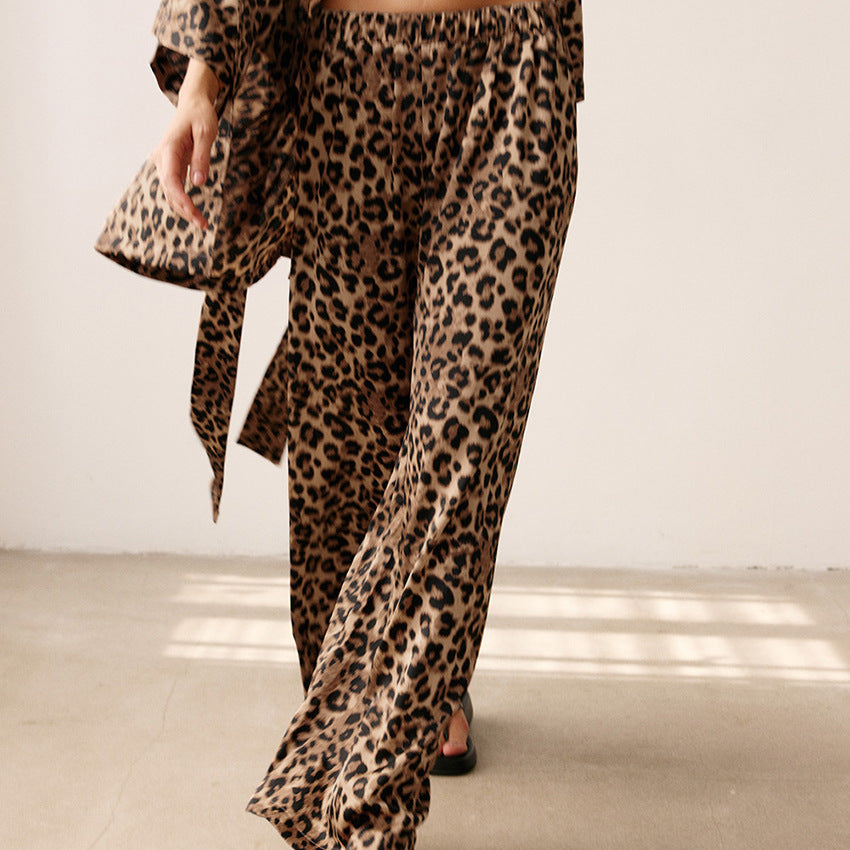 Spring Leopard Print Cardigan Nightgown Loose Trousers Pajamas Two Piece Set Soft Comfortable Ladies Homewear