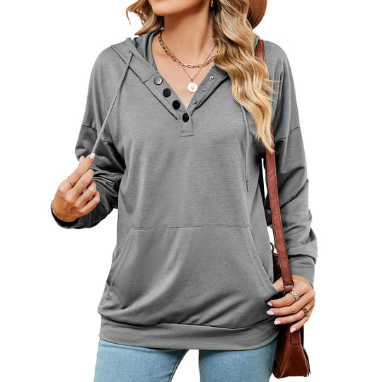 Autumn Winter Solid Color Buttons Drawstring Pocket Loose Long Sleeve Sweatershirt Women