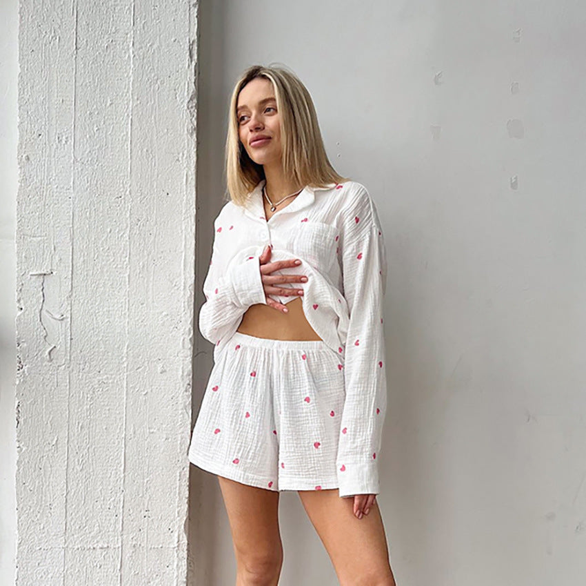 Sweet Loving Heart Casual Loose Long Sleeve Shorts Pajamas Two Piece Set Can Be Outerwear Homewear Women