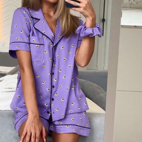 Summer Satin Printing Stitching Short Sleeved Shorts Hair Ring Three Piece Set Cool Feeling Ladies Homewear