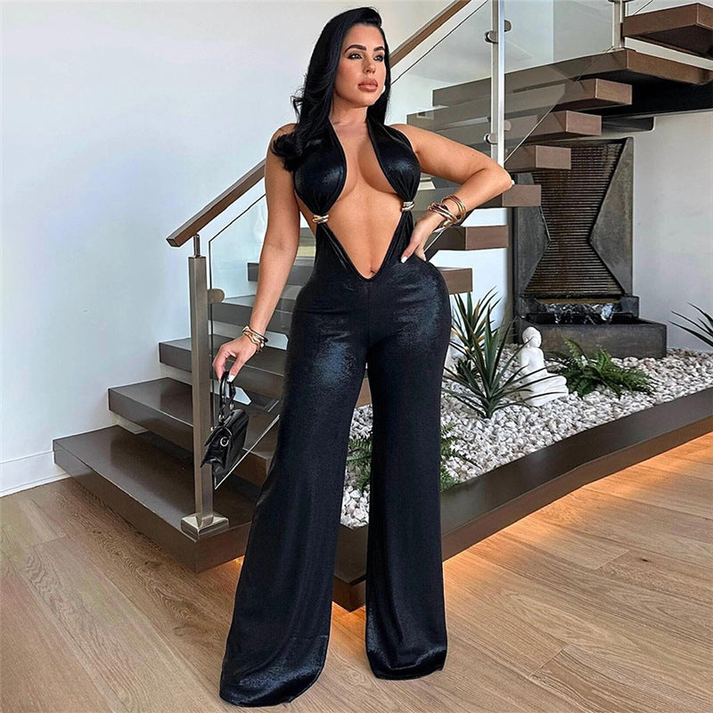 Summer Women Clothing Sexy Cropped Halter Backless Faux Leather Wide Leg Jumpsuit