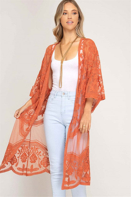 Lace Mesh Embroidered Beach Cover up Sexy Cardigan Sunscreen Beach