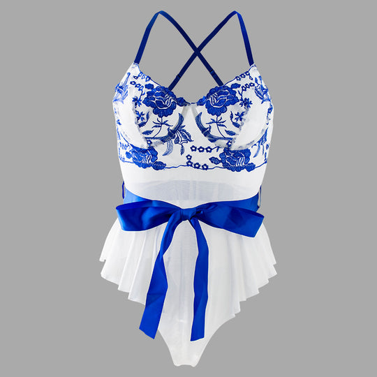 Sexy Lingerie Sling Dress Embroidered Lace Bow See through Sexy