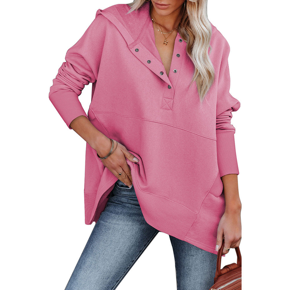 Loose Hooded Sweater Women Mid Length Autumn Winter Solid Color Casual Bottoming Shirt Top