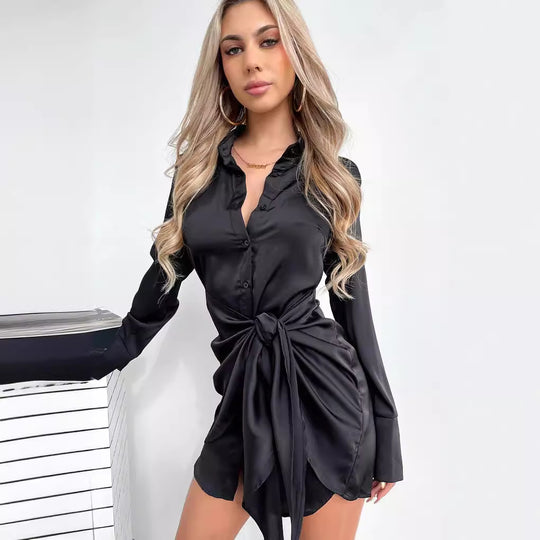 Long Sleeve Women Clothing Spring Autumn Black Button Tied Dress