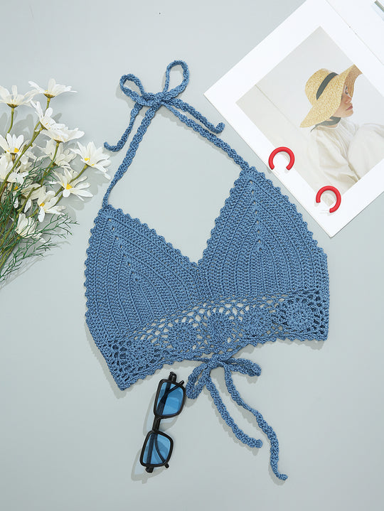 Hand Crocheting Knitted Strap Halter Bikini Top Beach Sexy Backless Bra Swimsuit