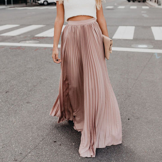 Summer Elegant Pleated Mopping Solid Color Wide Hem Skirt
