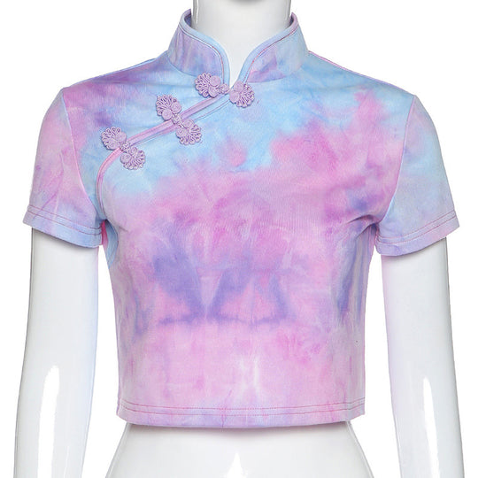 Women Clothing Spring Summer Sexy Short Sleeve Cropped Stand Collar Buckle Tie Dyed T Shirt