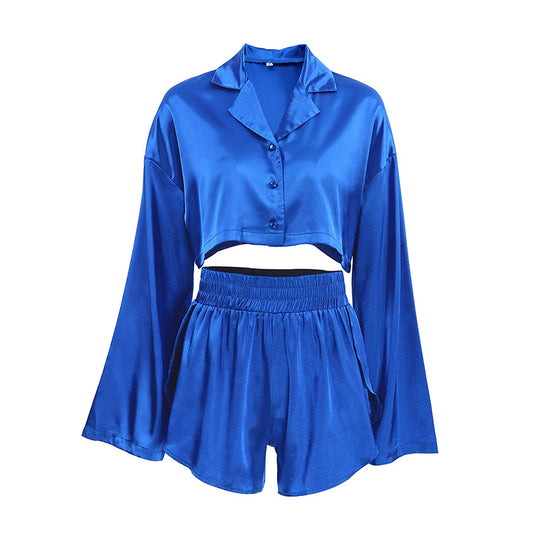 Summer Thin Type Satin Cool Feeling Cropped Long Sleeves Shorts Two Piece Set Sexy Ladies Homewear