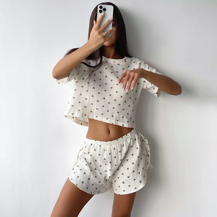 Summer Cotton Linen Heart Printing Cotton Ladies Homewear Short Short Sleeve Slit Shorts Two Piece Set