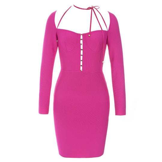 Simple Sexy Cutout Twist Stitching Mesh Pleats Slim Fit Long Sleeved Dress Women