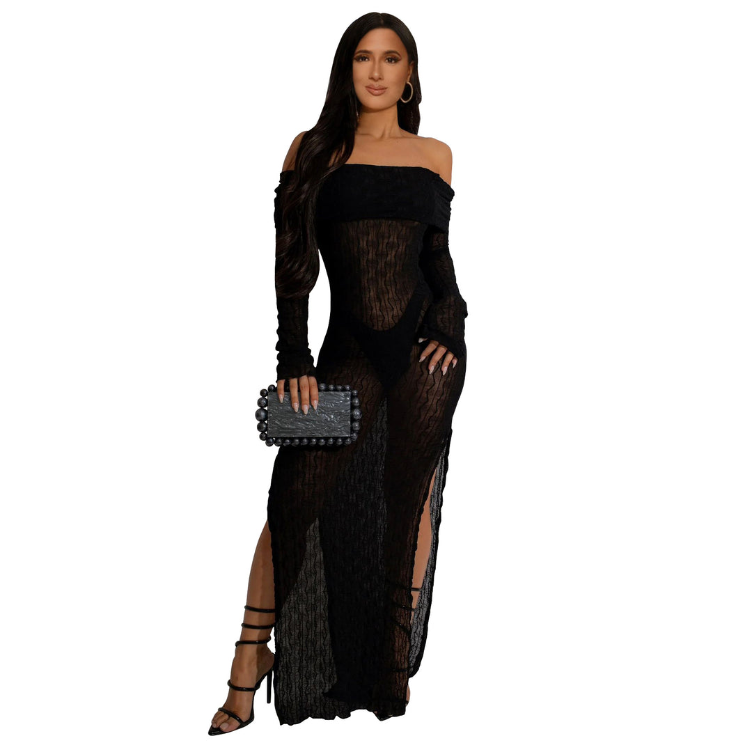 Women Clothing Off Neck Long Sleeve See Through Split Dress