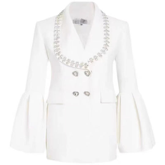 Diamond Beaded Waist Trimming Coat White Chanel Blazer Women