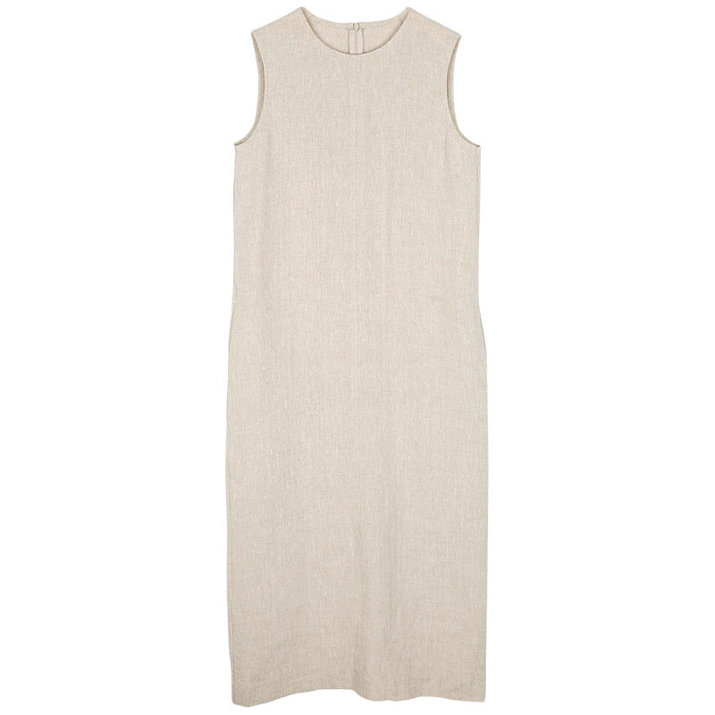 Pure Linen High Quality Sleeveless Vest Dress French Simplicity Back Slit Office Mid Length Dress Women Clothing No Belt