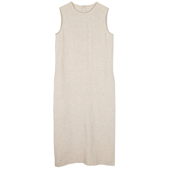 Pure Linen High Quality Sleeveless Vest Dress French Simplicity Back Slit Office Mid Length Dress Women Clothing No Belt