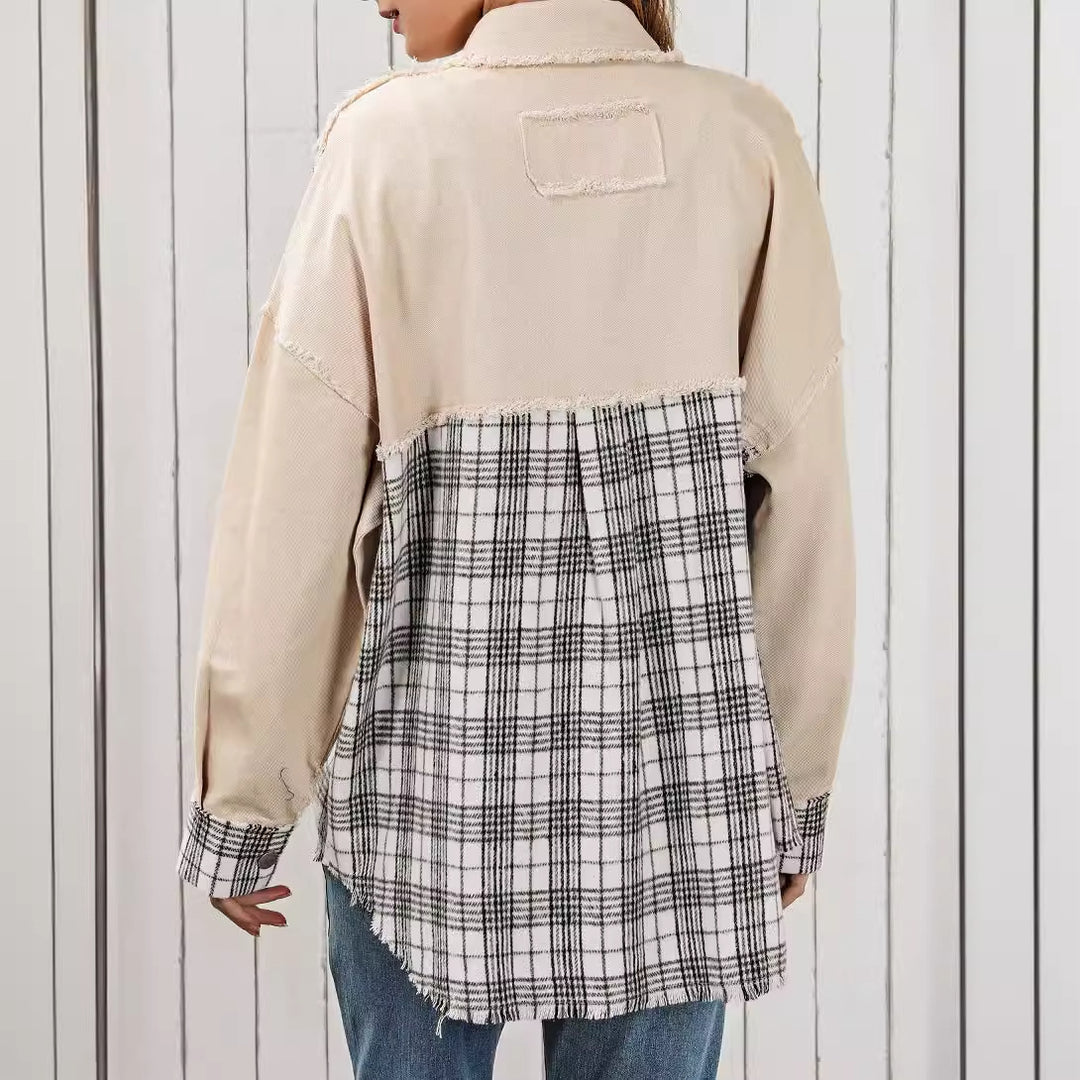 Plaid Long Sleeved Coat Women Autumn Loose Casual Frayed Women Jacket