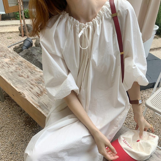 Cotton Lace Up Nightdress Spring Summer Loose Outerwear Homewear Puff Sleeve Maxi Dress