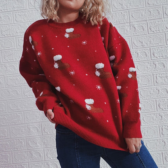 Autumn Winter round Neck Long-Sleeved Year Christmas Sweater Christmas Stockings Jacquard Thickened Pullover for Women