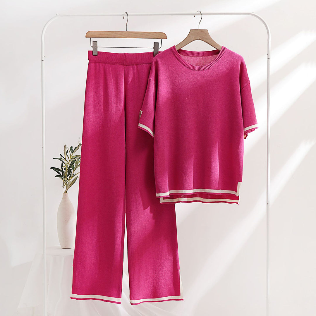 Classic Ice Silk Knitting Suit Women Spring Summer Two Piece Set Short Sleeve Stitching Casual Slimming Fashionable