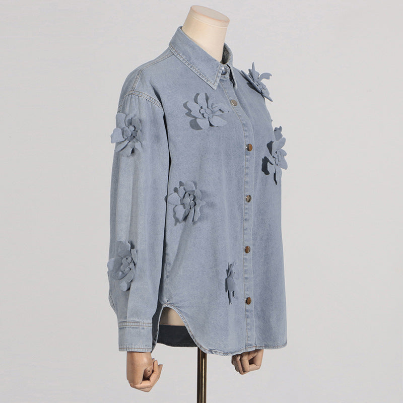 Simple Three Dimensional Floral Denim Top Women Summer Comfort Casual Shirt Denim Jacket Women