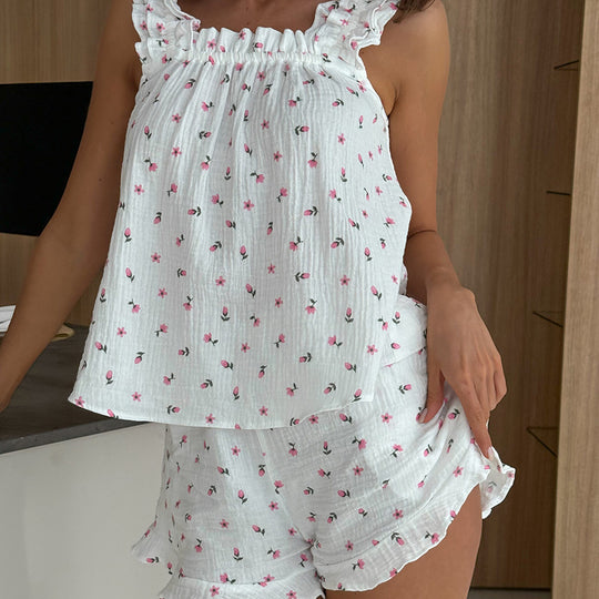 Summer Pure Cotton Heart Printing Pajamas Ruffled Spaghetti Straps Shorts Two Piece Set Ladies Homewear