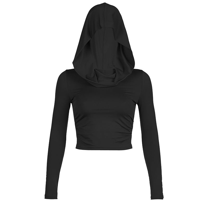 Women Wear Dune Hooded Top Autumn Winter Casual Solid Color Long Sleeve Pleated Cropped T shirt