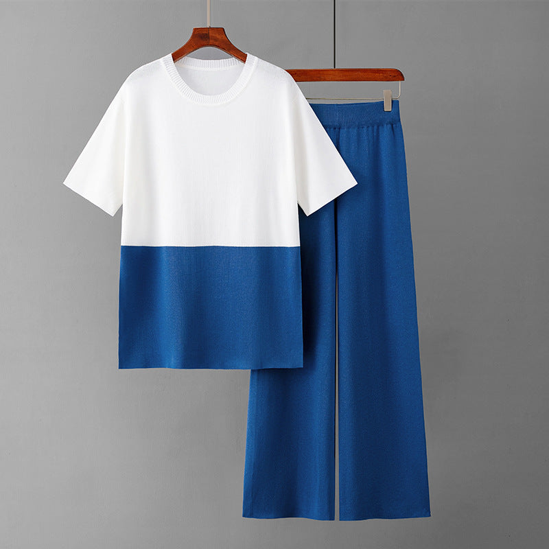 Casual Set Women Summer Loose Slimming Color Matching Short Sleeve Wide Leg Pants Two Piece Set