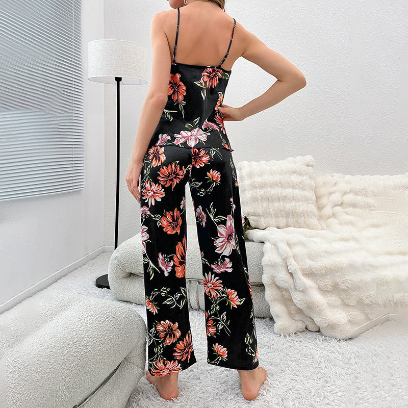 Printing Backless Slip Dress Sexy Casual Pajamas Set Women Simple Artificial Silk Home Wear