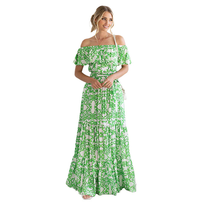 Spring Summer Women  Clothing Floral-Print off Shoulder Ruffle Sleeve Elegant Large Swing Dress Dress