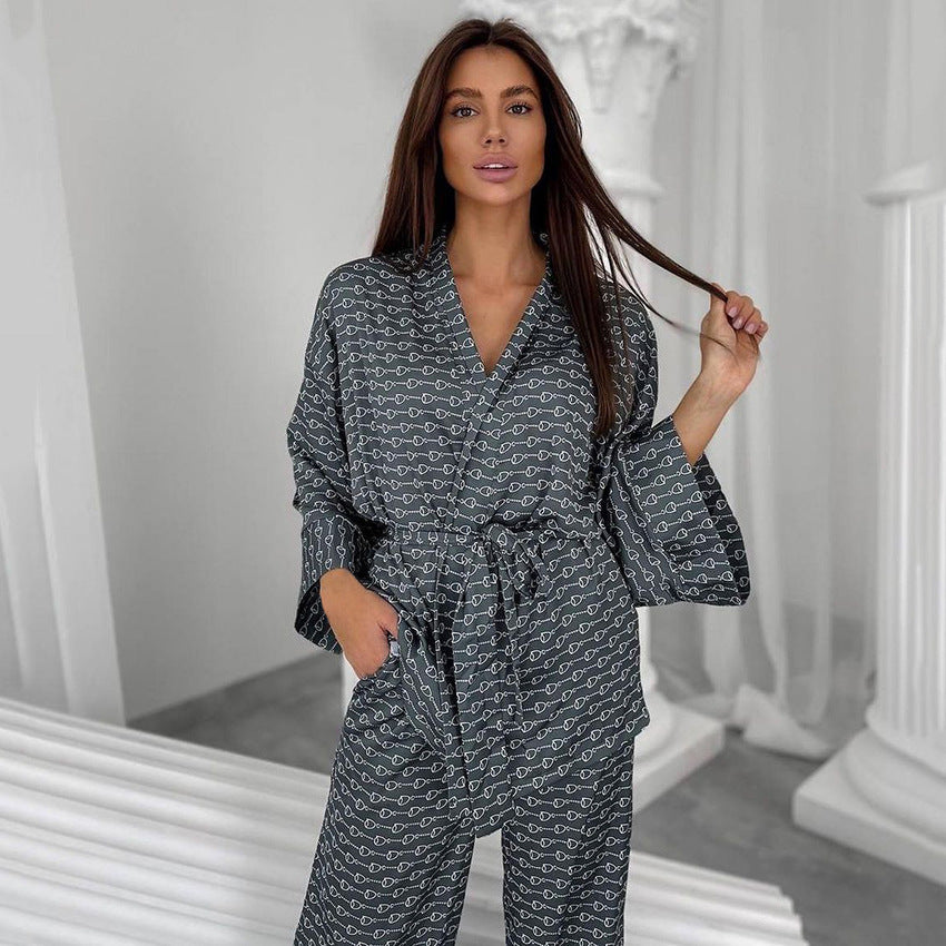 Spring Autumn Print Pajamas Nightgown Pajama Pants Ice Silk Trousers Suit Black Home Wear Women Loose