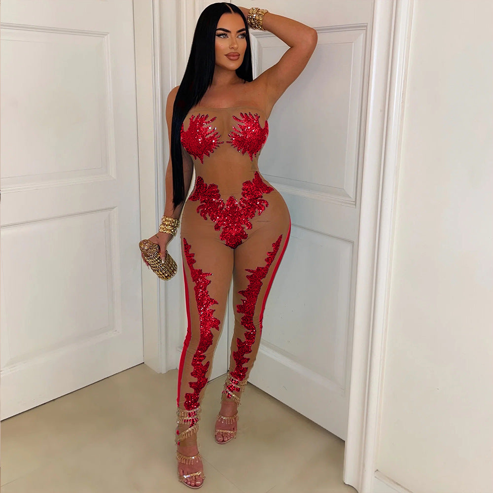 Sexy Mesh See-through Sequin Bandeau Slim-Fit Jumpsuit Women