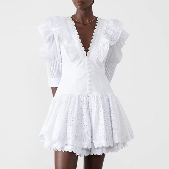 French Royal V Neck Puff Sleeve Short Dress Lace Embroidered Waist Slimming Short Dress Women