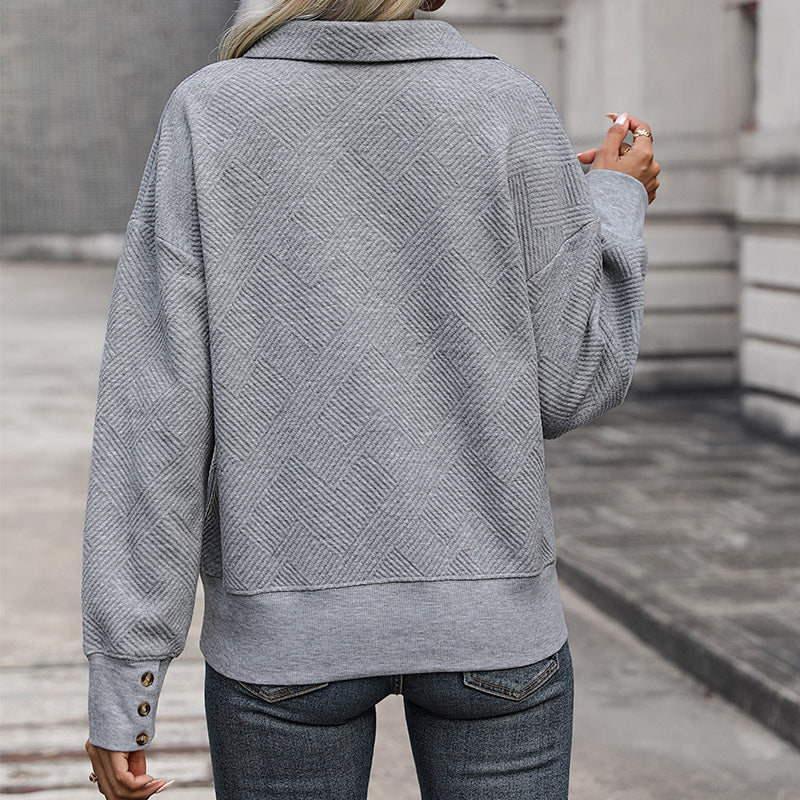 Autumn Women Clothing Gray with Turn down Collar Sweater