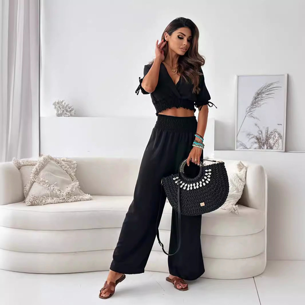 Women Clothing Women Clothing Solid Color Half Sleeve Trousers Suit