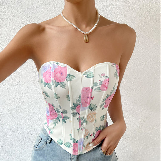 Sexy Low Cut Backless Floral Wrapped Chest Rhombus Boning Corset Boning Corset Waist Vest