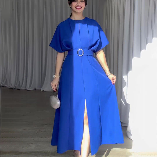 Solid Color round Neck Short Sleeves Dress Belt Slim Fit Maxi Dress