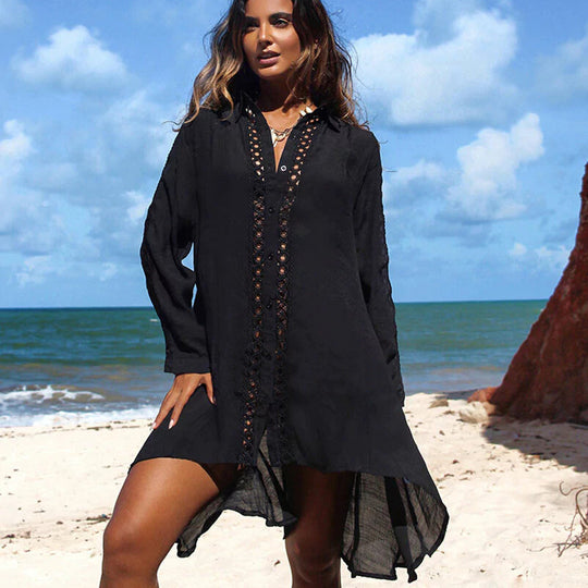 Cotton Bamboo Lace Shirt Beach Jacket Beach Cover Up Vacation Swimsuit Outer Wear Cardigan Sun Protective Clothing