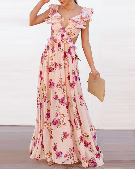 Arrival Women Floral Printing off the Shoulder Stitching Backless Summer Maxi Dress